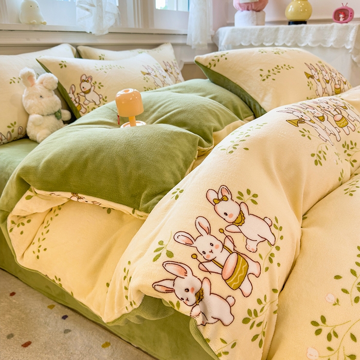 摩妮卡 摩妮卡 2025新款加厚款小清新牛奶绒印花四件套床单款床笠单被套 萌兔嘟