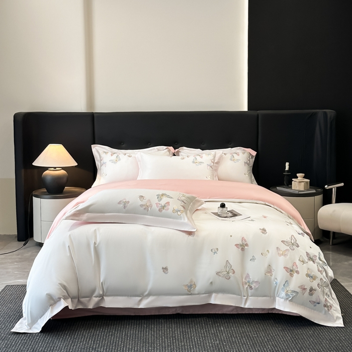 91家纺网 家纺一手货源 找家纺 博纳家纺 2025新款亲服棉宽边高级简奢款绣花四件套-漫山花野 象牙白