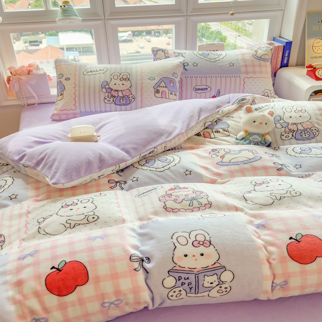 91家纺网 家纺一手货源 找家纺 摩妮卡 摩妮卡 2025新款加厚款小清新牛奶绒印花四件套床单款床笠单被套 萌兔小屋