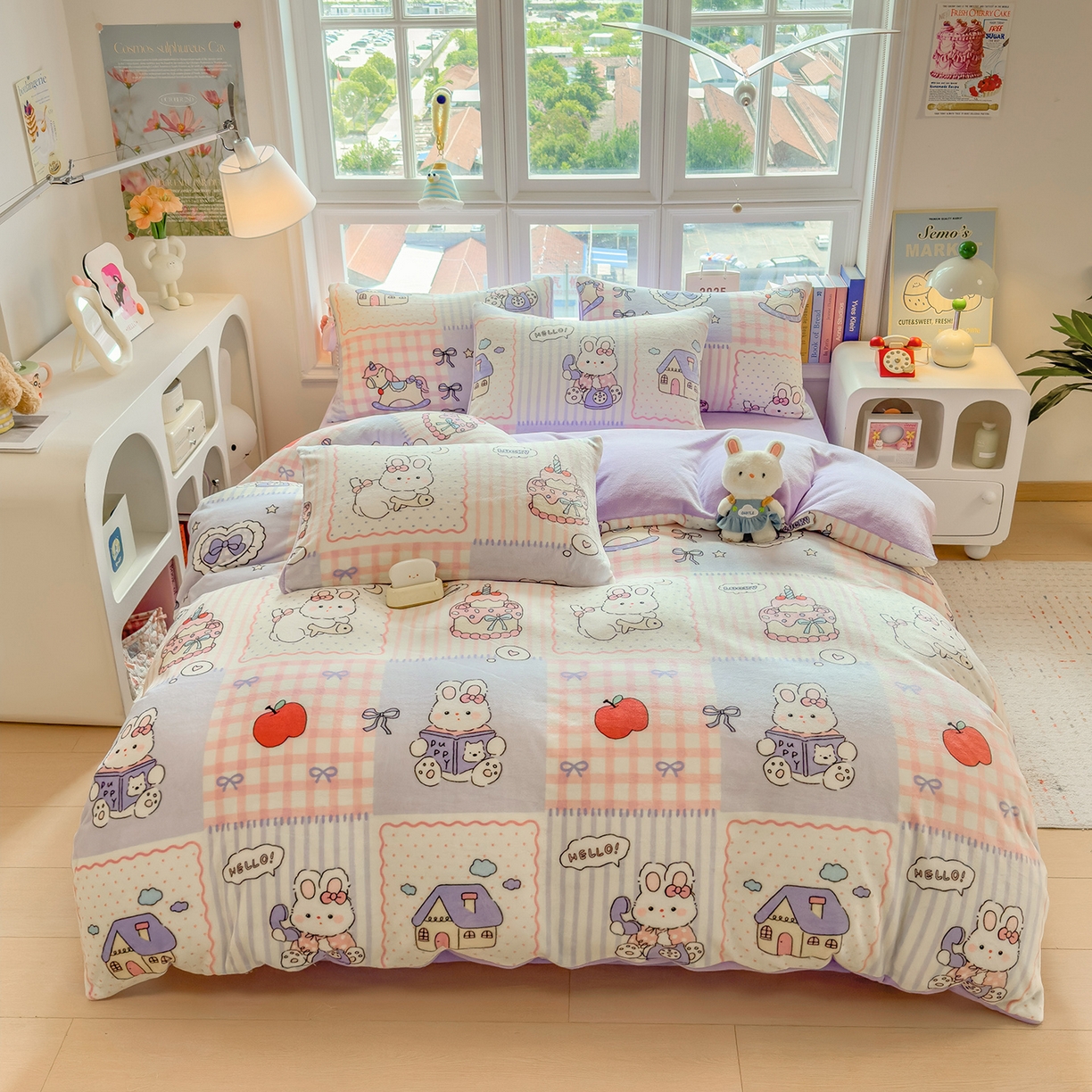 91家纺网 家纺一手货源 找家纺 摩妮卡 摩妮卡 2025新款加厚款小清新牛奶绒印花四件套床单款床笠单被套 萌兔小屋