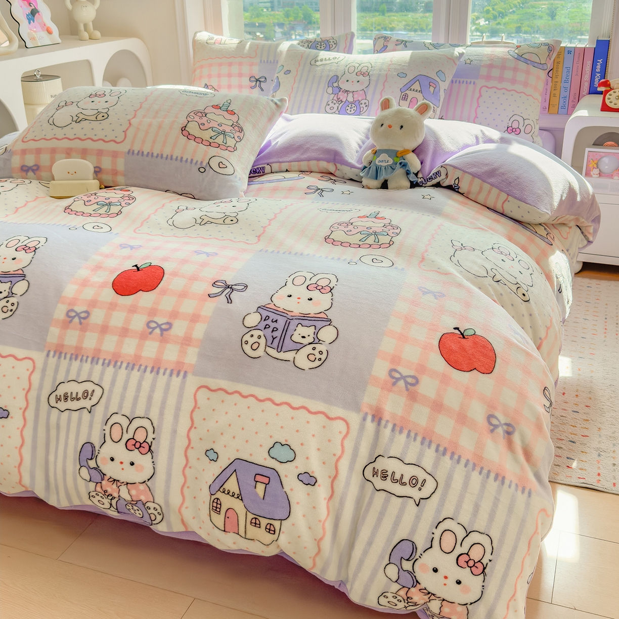 91家纺网 家纺一手货源 找家纺 摩妮卡 摩妮卡 2025新款加厚款小清新牛奶绒印花四件套床单款床笠单被套 萌兔小屋