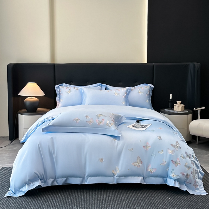 博纳家纺 2025新款亲服棉宽边高级简奢款绣花四件套-漫山花野 天蓝