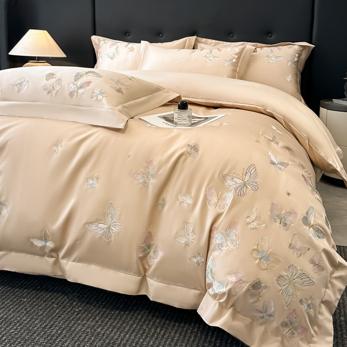 91家纺网 家纺一手货源 找家纺 博纳家纺 2025新款亲服棉宽边高级简奢款绣花四件套-漫山花野 香槟