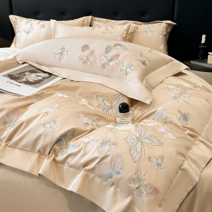 91家纺网 家纺一手货源 找家纺 博纳家纺 2025新款亲服棉宽边高级简奢款绣花四件套-漫山花野 香槟