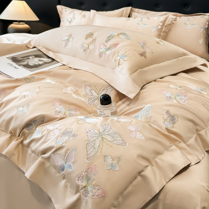 91家纺网 家纺一手货源 找家纺 博纳家纺 2025新款亲服棉宽边高级简奢款绣花四件套-漫山花野 香槟