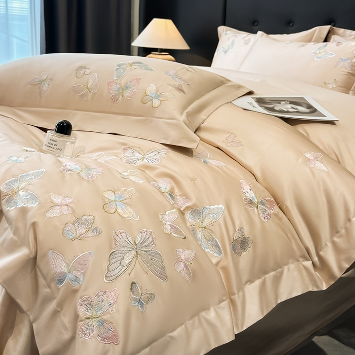 91家纺网 家纺一手货源 找家纺 博纳家纺 2025新款亲服棉宽边高级简奢款绣花四件套-漫山花野 香槟