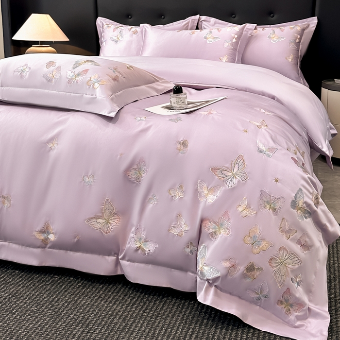 91家纺网 家纺一手货源 找家纺 博纳家纺 2025新款亲服棉宽边高级简奢款绣花四件套-漫山花野 香芋紫