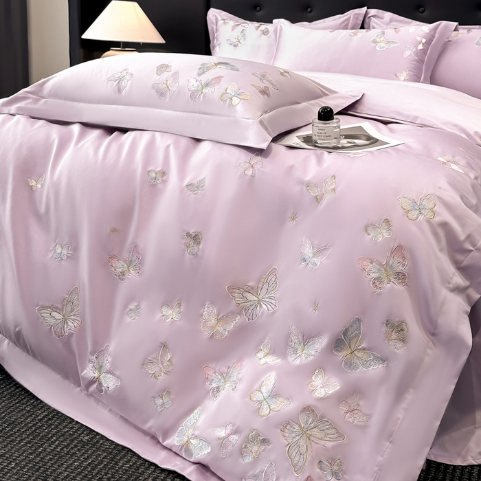 91家纺网 家纺一手货源 找家纺 博纳家纺 2025新款亲服棉宽边高级简奢款绣花四件套-漫山花野 香芋紫