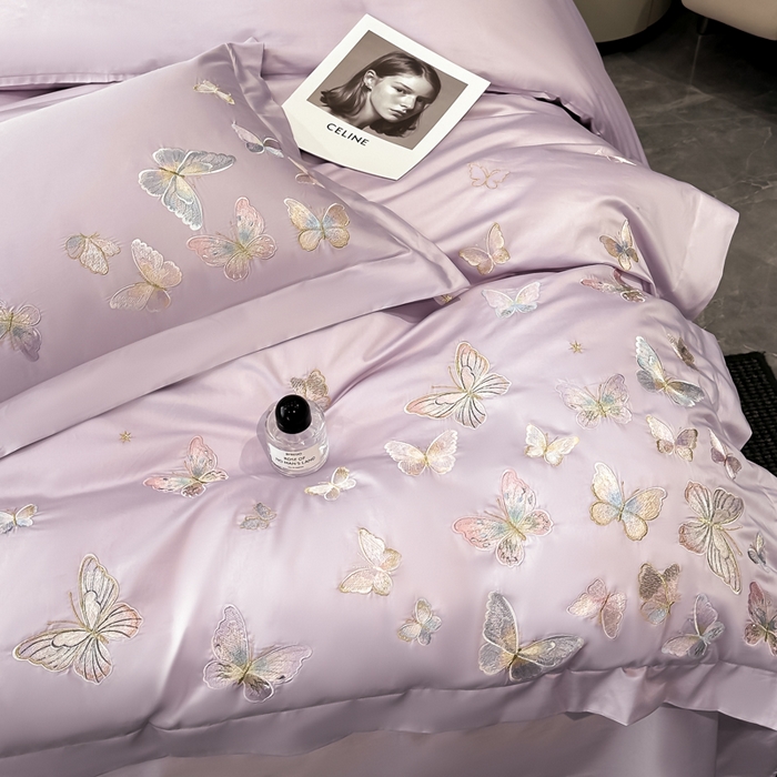 91家纺网 家纺一手货源 找家纺 博纳家纺 2025新款亲服棉宽边高级简奢款绣花四件套-漫山花野 香芋紫