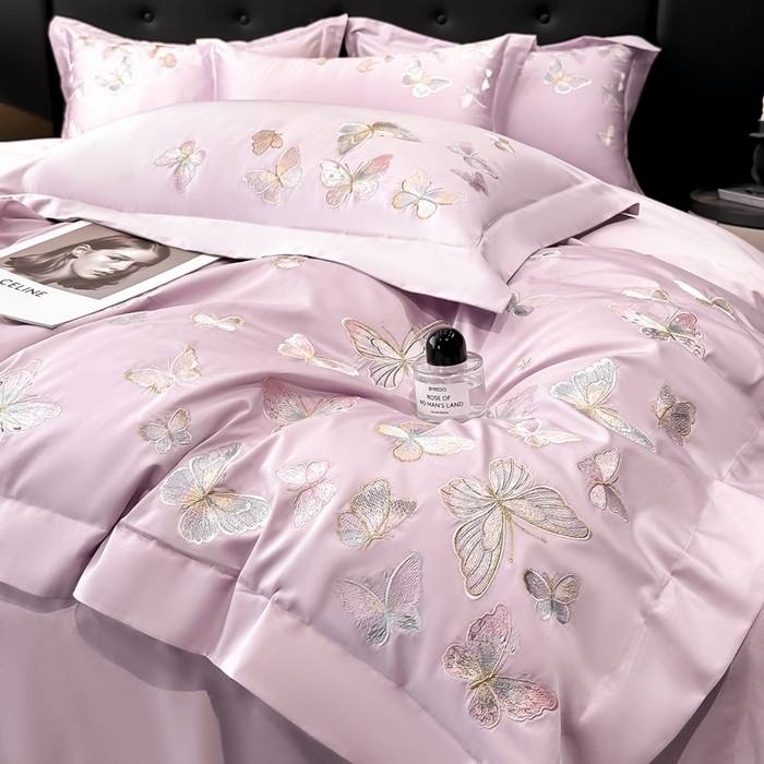 91家纺网 家纺一手货源 找家纺 博纳家纺 2025新款亲服棉宽边高级简奢款绣花四件套-漫山花野 香芋紫