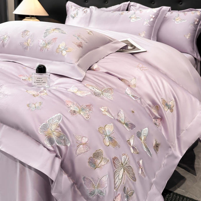 91家纺网 家纺一手货源 找家纺 博纳家纺 2025新款亲服棉宽边高级简奢款绣花四件套-漫山花野 香芋紫