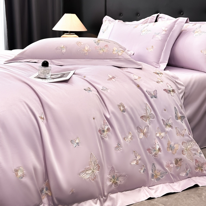 91家纺网 家纺一手货源 找家纺 博纳家纺 2025新款亲服棉宽边高级简奢款绣花四件套-漫山花野 香芋紫