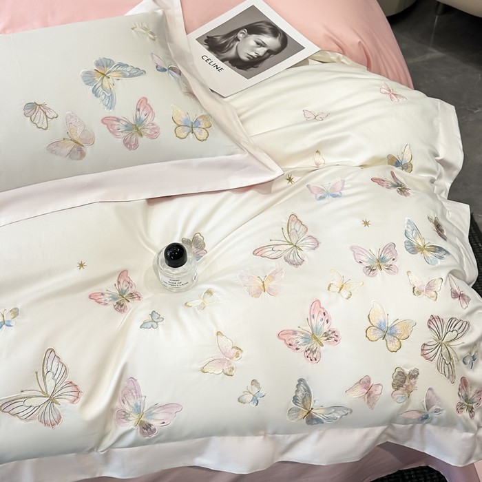 91家纺网 家纺一手货源 找家纺 博纳家纺 2025新款亲服棉宽边高级简奢款绣花四件套-漫山花野 象牙白