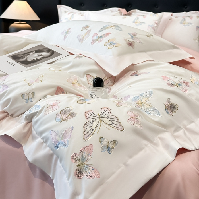 91家纺网 家纺一手货源 找家纺 博纳家纺 2025新款亲服棉宽边高级简奢款绣花四件套-漫山花野 象牙白