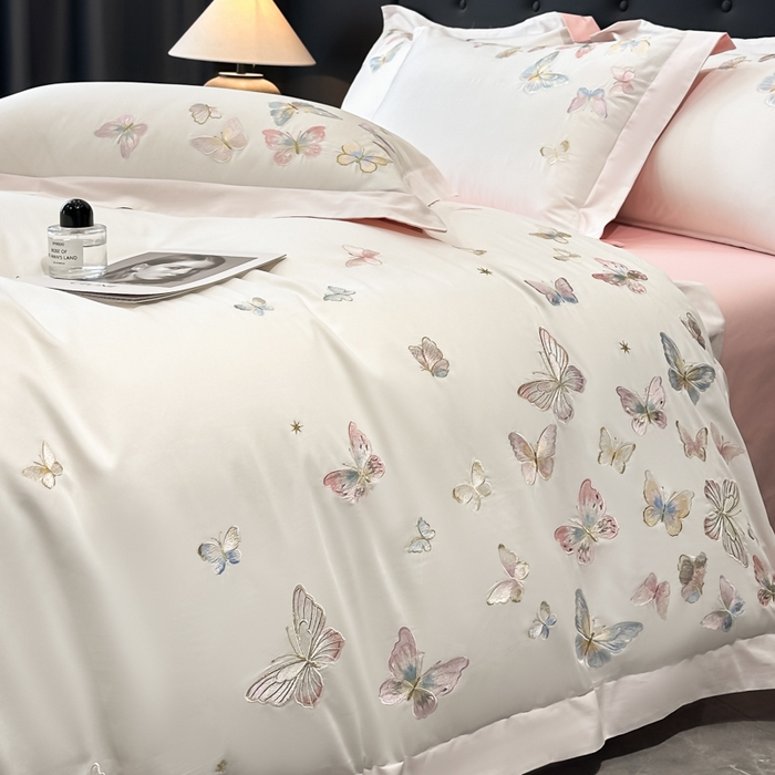 91家纺网 家纺一手货源 找家纺 博纳家纺 2025新款亲服棉宽边高级简奢款绣花四件套-漫山花野 象牙白