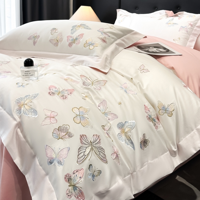 91家纺网 家纺一手货源 找家纺 博纳家纺 2025新款亲服棉宽边高级简奢款绣花四件套-漫山花野 象牙白