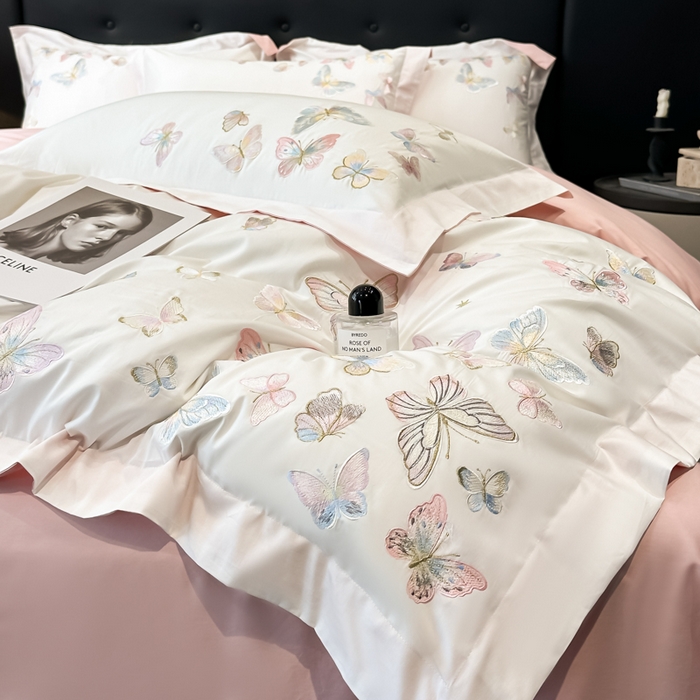 91家纺网 家纺一手货源 找家纺 博纳家纺 2025新款亲服棉宽边高级简奢款绣花四件套-漫山花野 象牙白