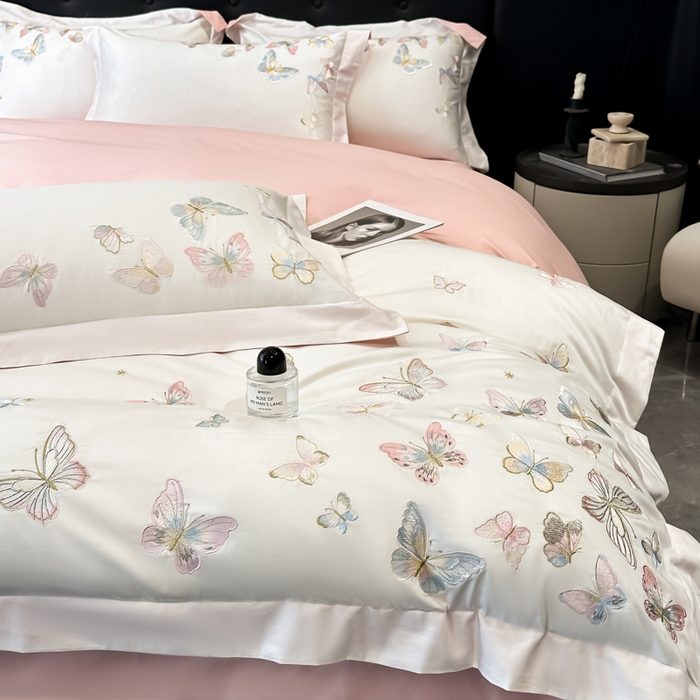 91家纺网 家纺一手货源 找家纺 博纳家纺 2025新款亲服棉宽边高级简奢款绣花四件套-漫山花野 象牙白