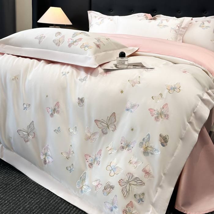 91家纺网 家纺一手货源 找家纺 博纳家纺 2025新款亲服棉宽边高级简奢款绣花四件套-漫山花野 象牙白