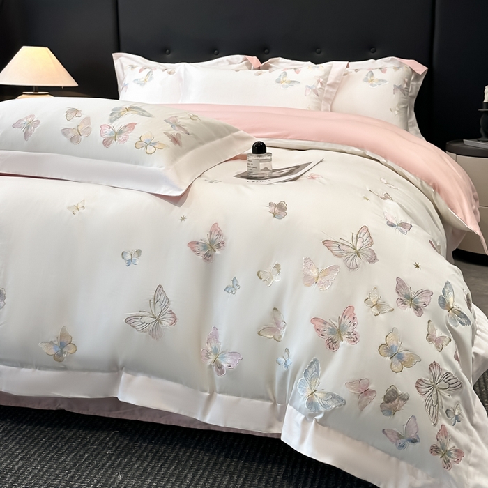 91家纺网 家纺一手货源 找家纺 博纳家纺 2025新款亲服棉宽边高级简奢款绣花四件套-漫山花野 象牙白