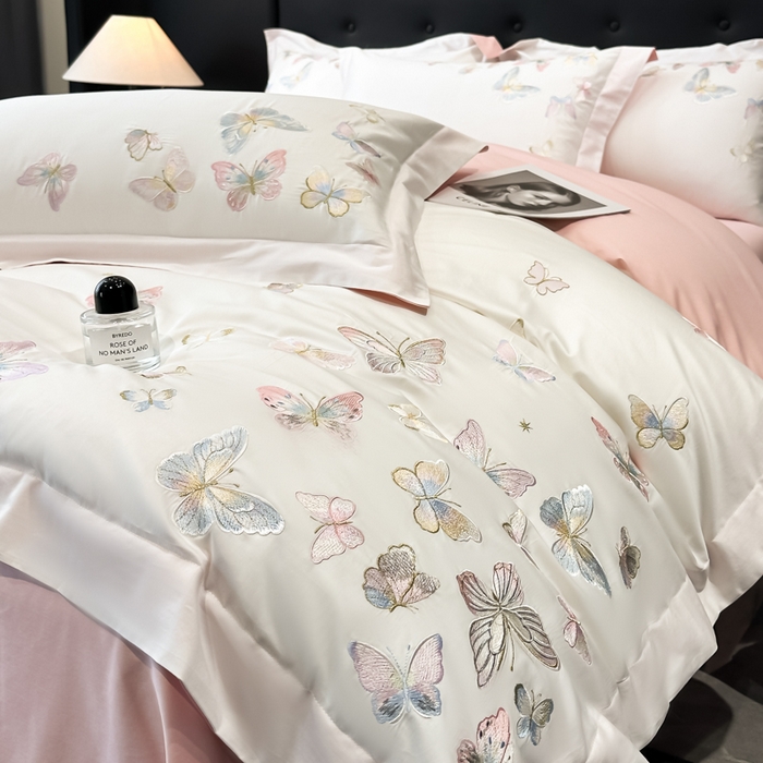 91家纺网 家纺一手货源 找家纺 博纳家纺 2025新款亲服棉宽边高级简奢款绣花四件套-漫山花野 象牙白