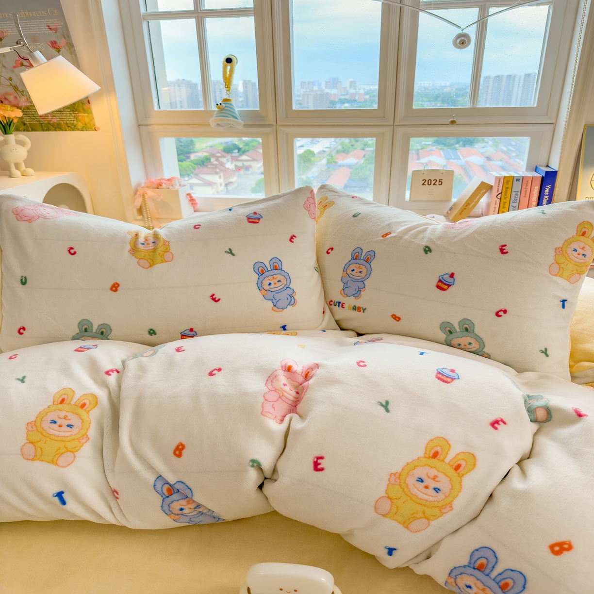 91家纺网 家纺一手货源 找家纺 摩妮卡 摩妮卡 2025新款加厚款小清新牛奶绒印花四件套床单款床笠单被套 趣兔甜心