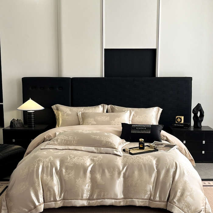 91家纺网 家纺一手货源 找家纺 （总）博纳家纺 2025新款镂空大宽边拼角高级简奢款亲肤棉四件套-山水提花,繁星蓝,粉玉,高级灰,香槟,象牙白