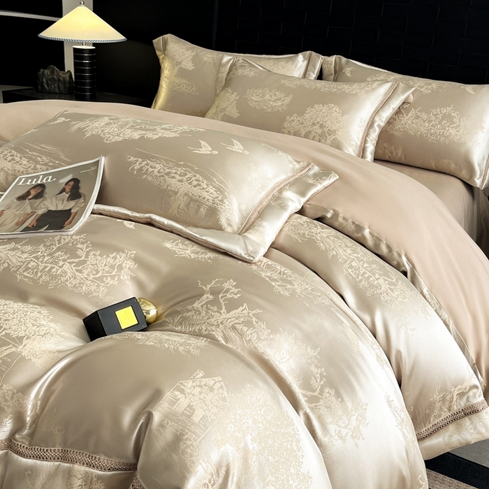 91家纺网 家纺一手货源 找家纺 （总）博纳家纺 2025新款镂空大宽边拼角高级简奢款亲肤棉四件套-山水提花