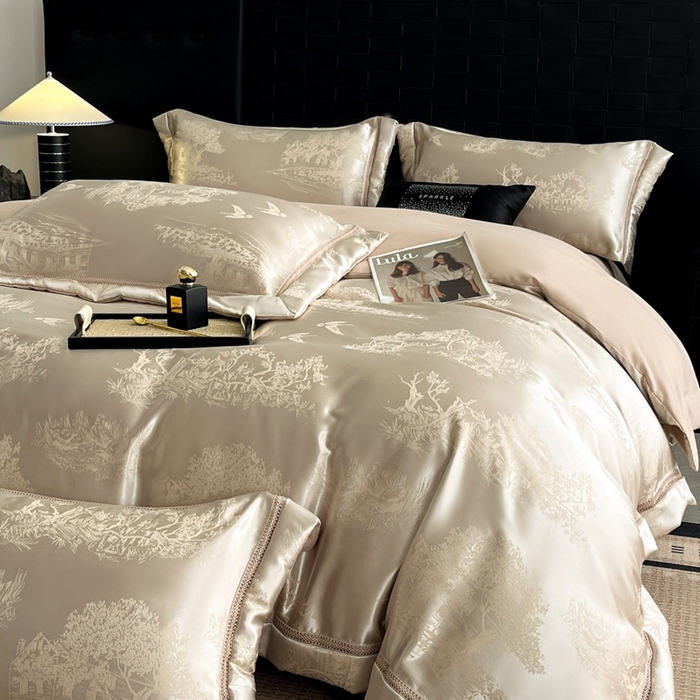 91家纺网 家纺一手货源 找家纺 （总）博纳家纺 2025新款镂空大宽边拼角高级简奢款亲肤棉四件套-山水提花