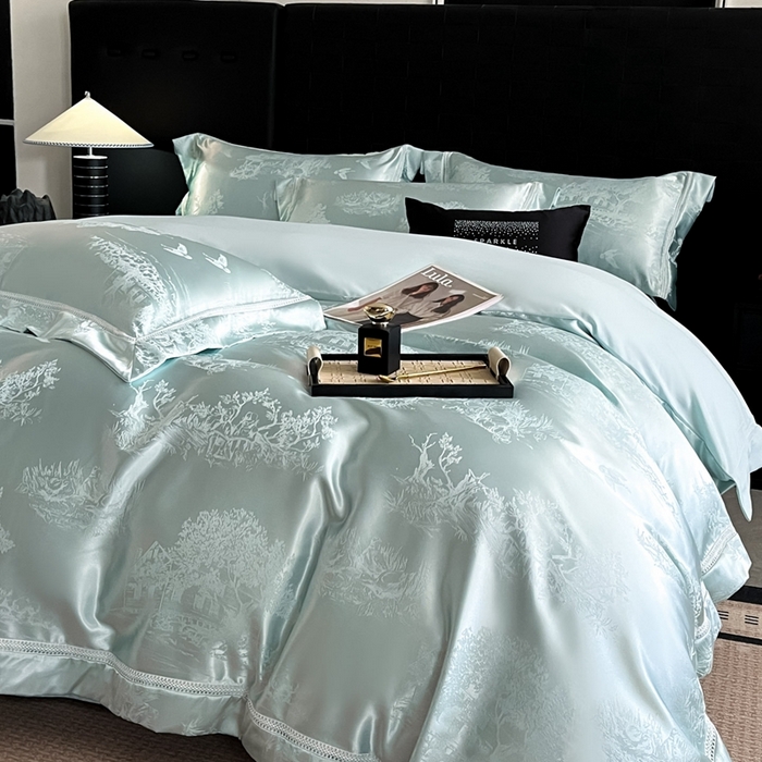 91家纺网 家纺一手货源 找家纺 博纳家纺 2025新款镂空大宽边拼角高级简奢款亲肤棉四件套-山水提花 繁星蓝