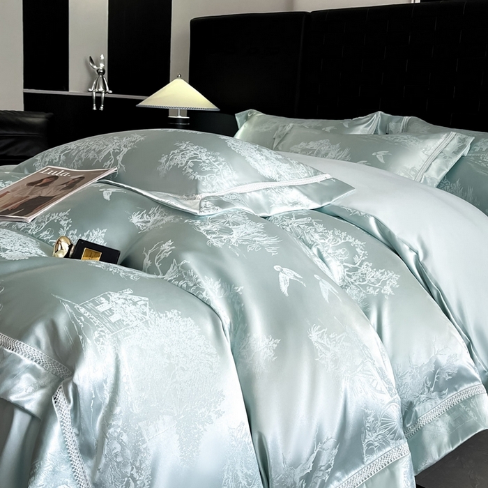 91家纺网 家纺一手货源 找家纺 博纳家纺 2025新款镂空大宽边拼角高级简奢款亲肤棉四件套-山水提花 繁星蓝