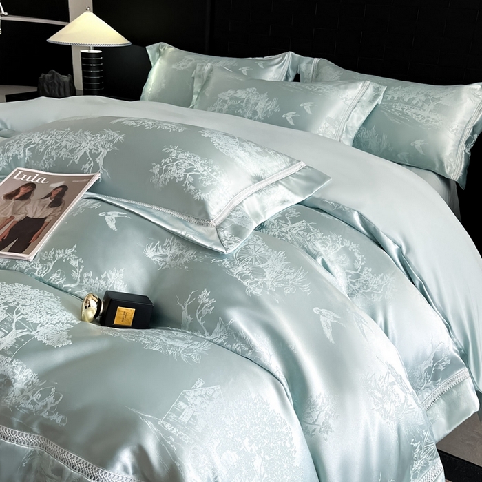 91家纺网 家纺一手货源 找家纺 博纳家纺 2025新款镂空大宽边拼角高级简奢款亲肤棉四件套-山水提花 繁星蓝