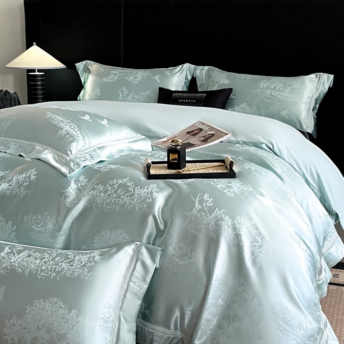 91家纺网 家纺一手货源 找家纺 博纳家纺 2025新款镂空大宽边拼角高级简奢款亲肤棉四件套-山水提花 繁星蓝