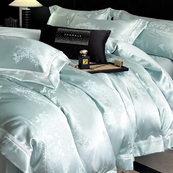 91家纺网 家纺一手货源 找家纺 博纳家纺 2025新款镂空大宽边拼角高级简奢款亲肤棉四件套-山水提花 繁星蓝