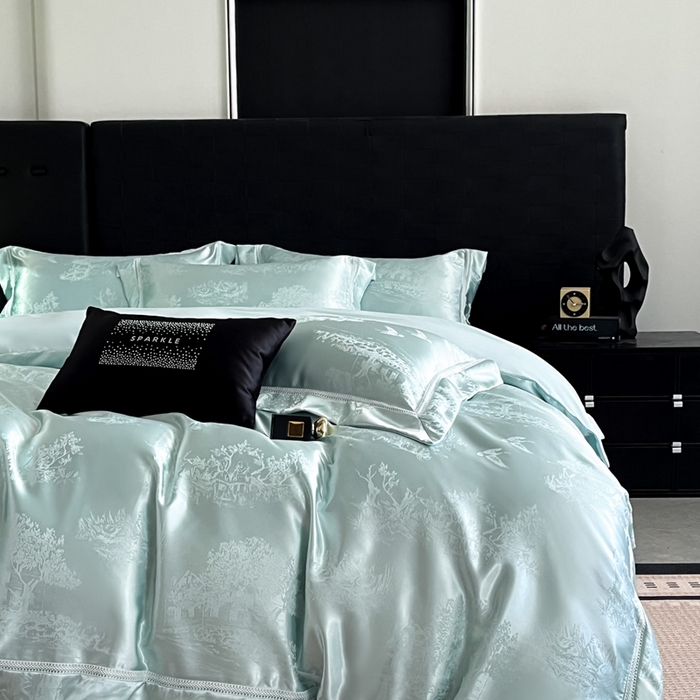 91家纺网 家纺一手货源 找家纺 博纳家纺 2025新款镂空大宽边拼角高级简奢款亲肤棉四件套-山水提花 繁星蓝