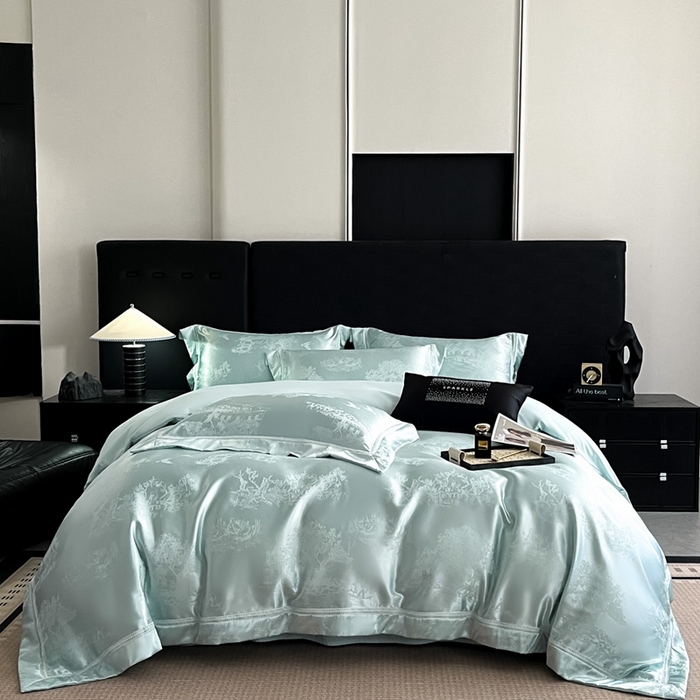 博纳家纺 2025新款镂空大宽边拼角高级简奢款亲肤棉四件套-山水提花 繁星蓝