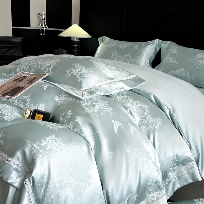 91家纺网 家纺一手货源 找家纺 博纳家纺 2025新款镂空大宽边拼角高级简奢款亲肤棉四件套-山水提花 繁星蓝