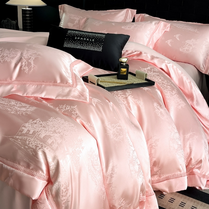 91家纺网 家纺一手货源 找家纺 博纳家纺 2025新款镂空大宽边拼角高级简奢款亲肤棉四件套-山水提花 粉玉