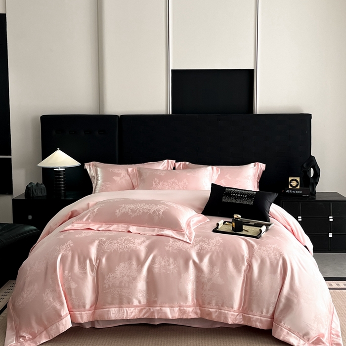 博纳家纺 2025新款镂空大宽边拼角高级简奢款亲肤棉四件套-山水提花 粉玉