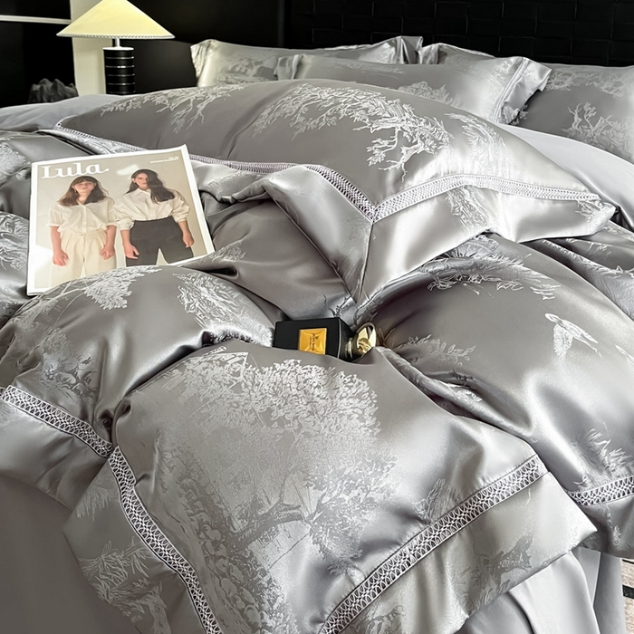 91家纺网 家纺一手货源 找家纺 博纳家纺 2025新款镂空大宽边拼角高级简奢款亲肤棉四件套-山水提花 高级灰