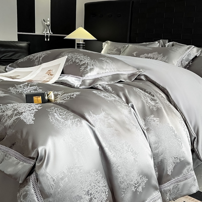 91家纺网 家纺一手货源 找家纺 博纳家纺 2025新款镂空大宽边拼角高级简奢款亲肤棉四件套-山水提花 高级灰