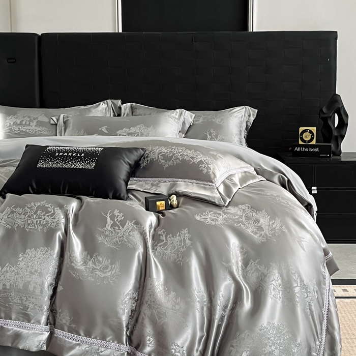 91家纺网 家纺一手货源 找家纺 博纳家纺 2025新款镂空大宽边拼角高级简奢款亲肤棉四件套-山水提花 高级灰