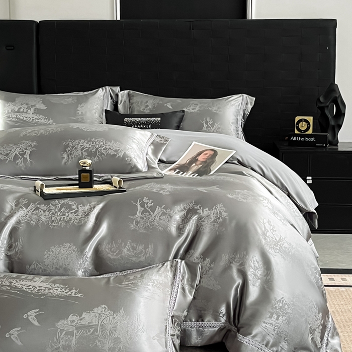 91家纺网 家纺一手货源 找家纺 博纳家纺 2025新款镂空大宽边拼角高级简奢款亲肤棉四件套-山水提花 高级灰