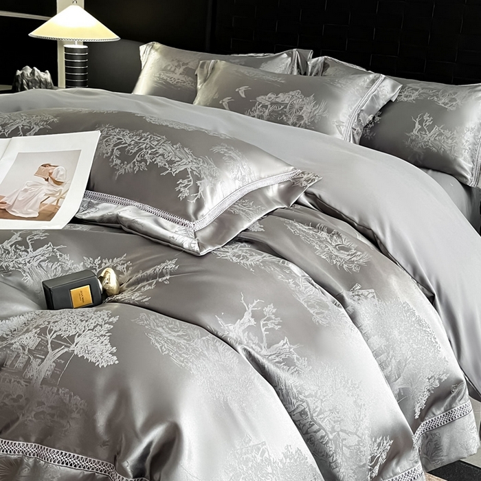 91家纺网 家纺一手货源 找家纺 博纳家纺 2025新款镂空大宽边拼角高级简奢款亲肤棉四件套-山水提花 高级灰