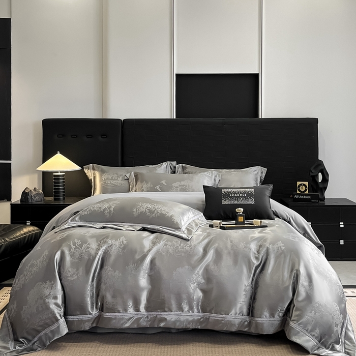 博纳家纺 2025新款镂空大宽边拼角高级简奢款亲肤棉四件套-山水提花 高级灰