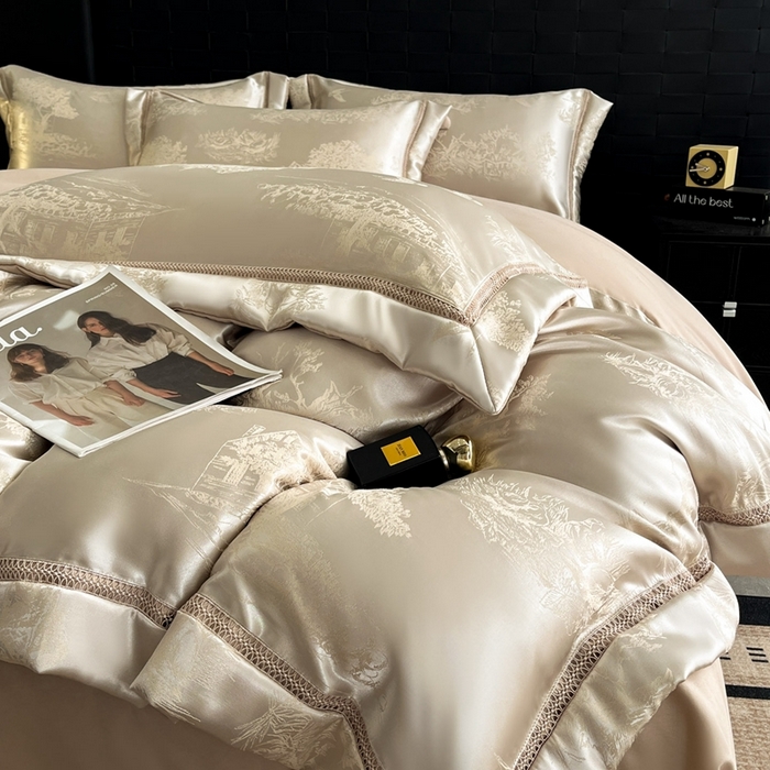 91家纺网 家纺一手货源 找家纺 博纳家纺 2025新款镂空大宽边拼角高级简奢款亲肤棉四件套-山水提花 香槟