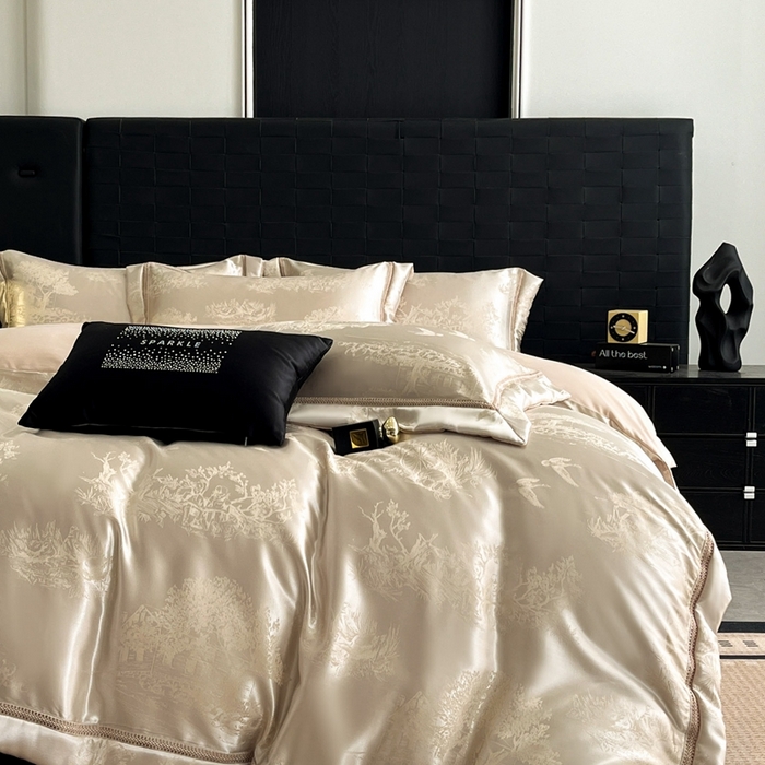 91家纺网 家纺一手货源 找家纺 博纳家纺 2025新款镂空大宽边拼角高级简奢款亲肤棉四件套-山水提花 香槟