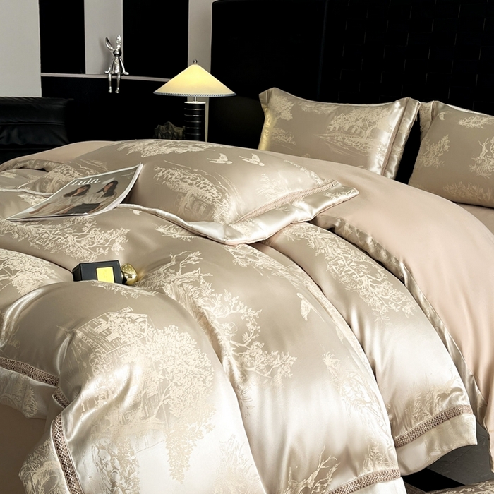 91家纺网 家纺一手货源 找家纺 博纳家纺 2025新款镂空大宽边拼角高级简奢款亲肤棉四件套-山水提花 香槟