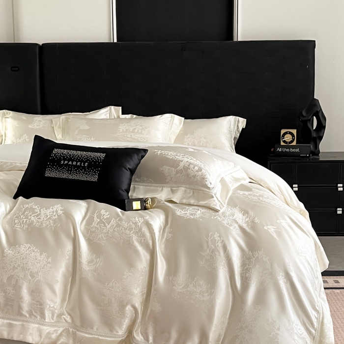 91家纺网 家纺一手货源 找家纺 博纳家纺 2025新款镂空大宽边拼角高级简奢款亲肤棉四件套-山水提花 象牙白