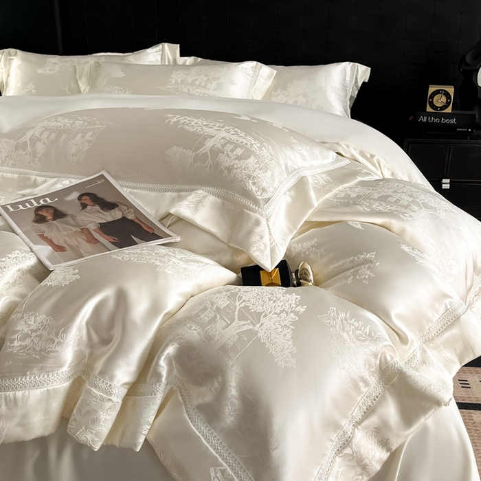 91家纺网 家纺一手货源 找家纺 博纳家纺 2025新款镂空大宽边拼角高级简奢款亲肤棉四件套-山水提花 象牙白